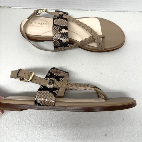 Cole Haan Grand Series Strappy Leather Sandals Women 8.5 Snake Print Cream Beach - Picture 1 of 14